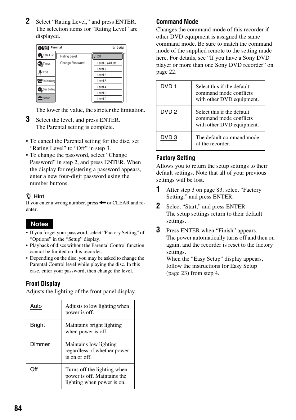 Front display, Command mode, Factory setting | Sony RDR-GX355 User Manual | Page 84 / 128