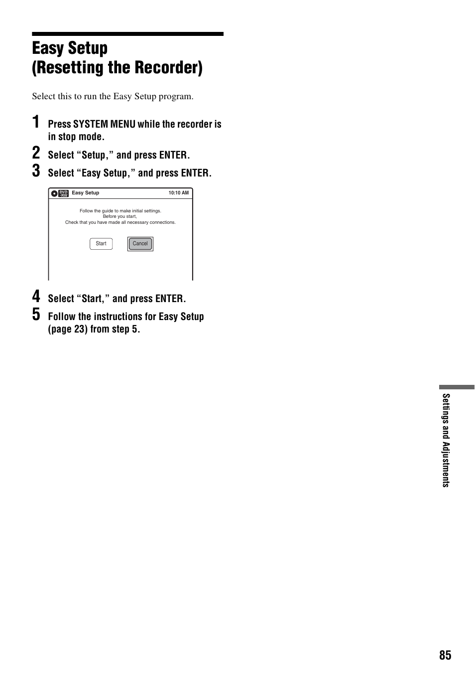 Easy setup (resetting the recorder) | Sony RDR-GX355 User Manual | Page 85 / 128