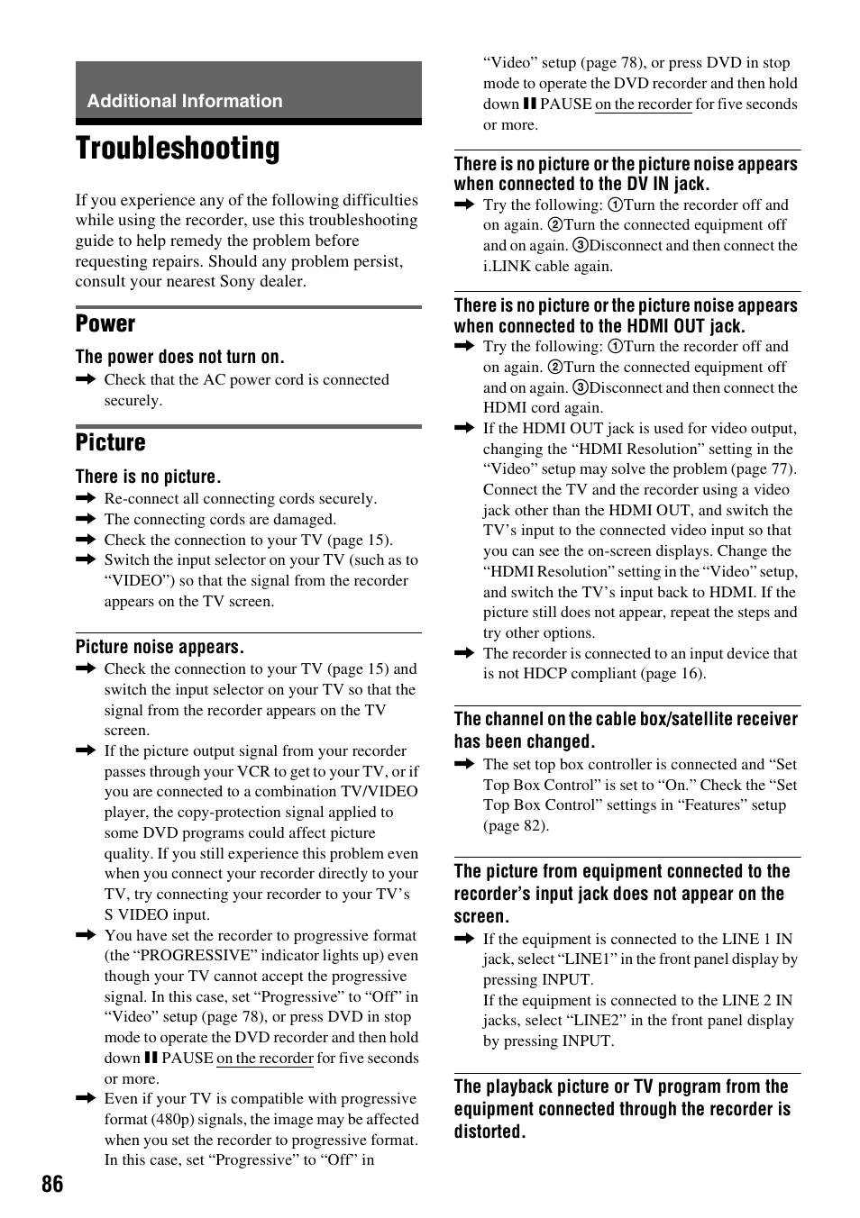 Additional information, Troubleshooting, Power | Picture | Sony RDR-GX355 User Manual | Page 86 / 128