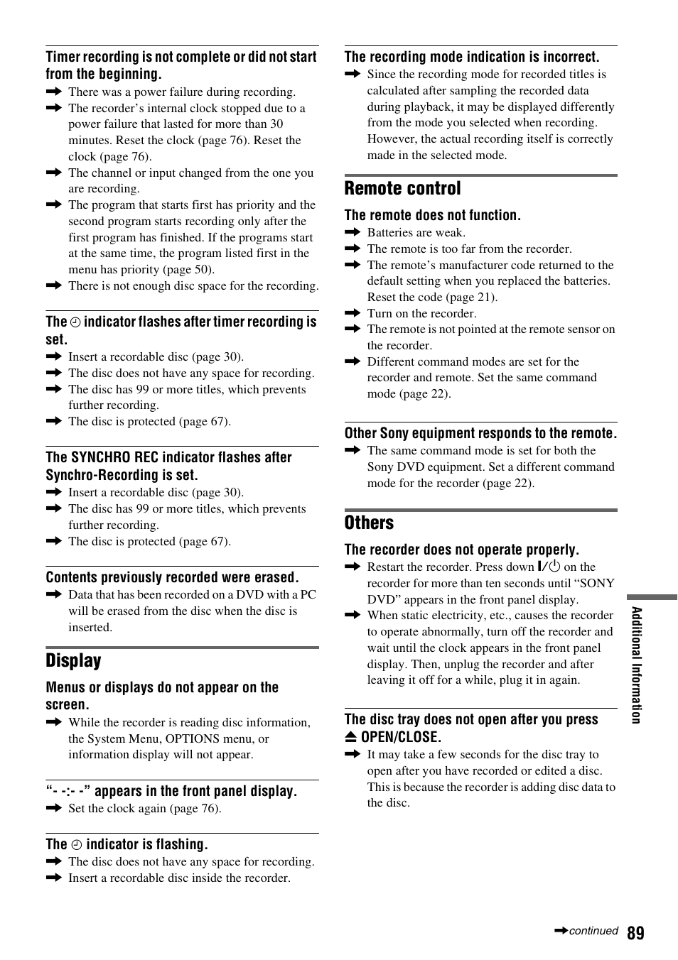 Display, Remote control, Others | Sony RDR-GX355 User Manual | Page 89 / 128
