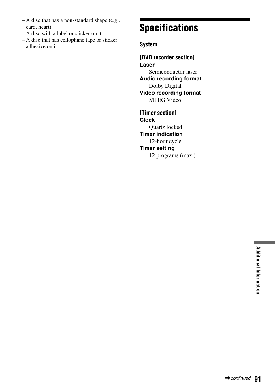 Specifications | Sony RDR-GX355 User Manual | Page 91 / 128
