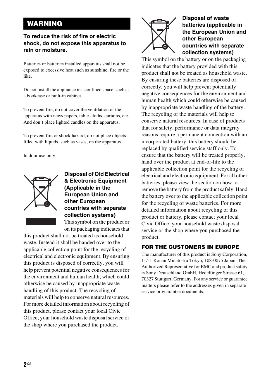 Warning | Sony 3-299-270-21(2) User Manual | Page 2 / 84