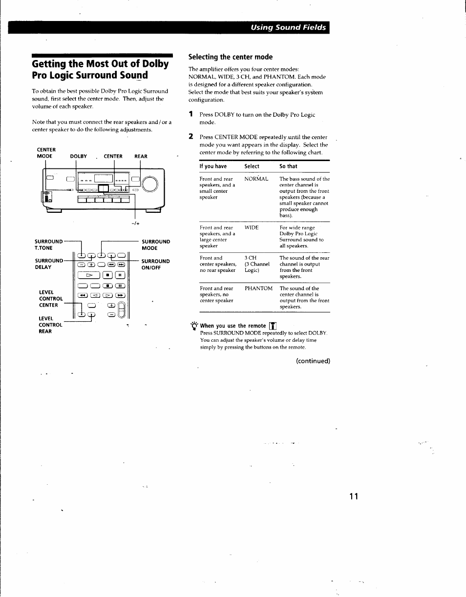 Selecting the center mode, Using sound fields, Continued) | Mcpcbcpo | Sony TA-AV571 User Manual | Page 11 / 20