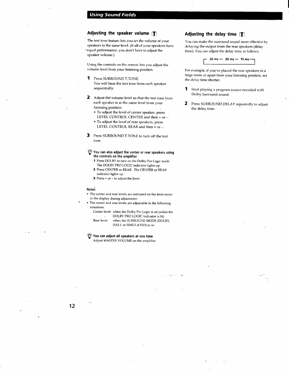 Adjusting the speaker volume [x, Adjusting the delay time x, Using sound fields | Sony TA-AV571 User Manual | Page 12 / 20