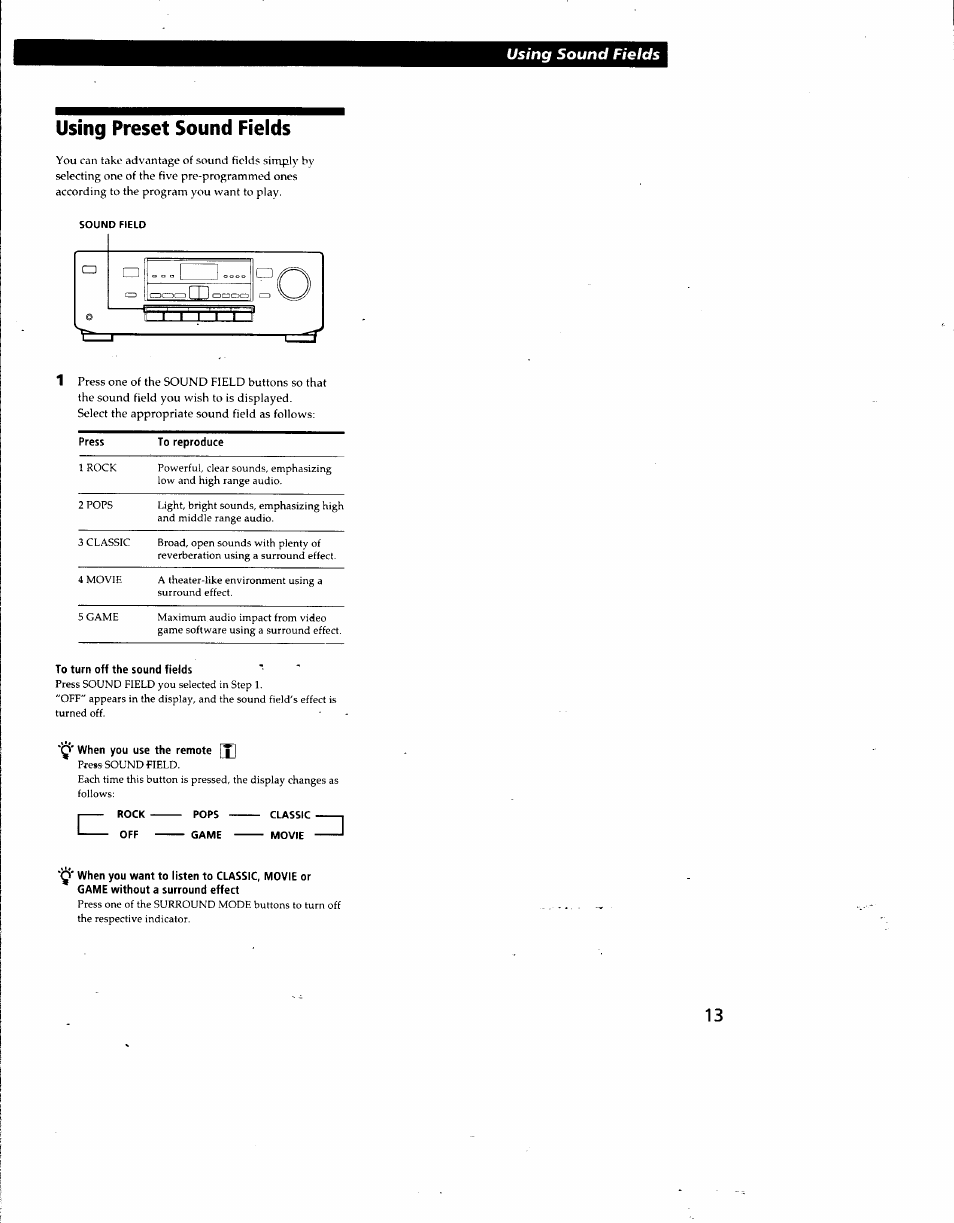 Using preset sound fields, Using sound fields | Sony TA-AV571 User Manual | Page 13 / 20