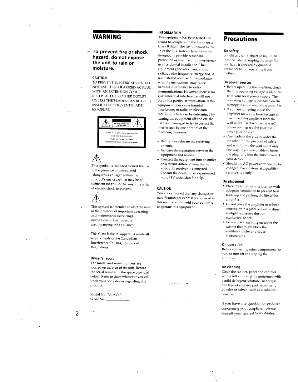 Warning, Precautions | Sony TA-AV571 User Manual | Page 2 / 20