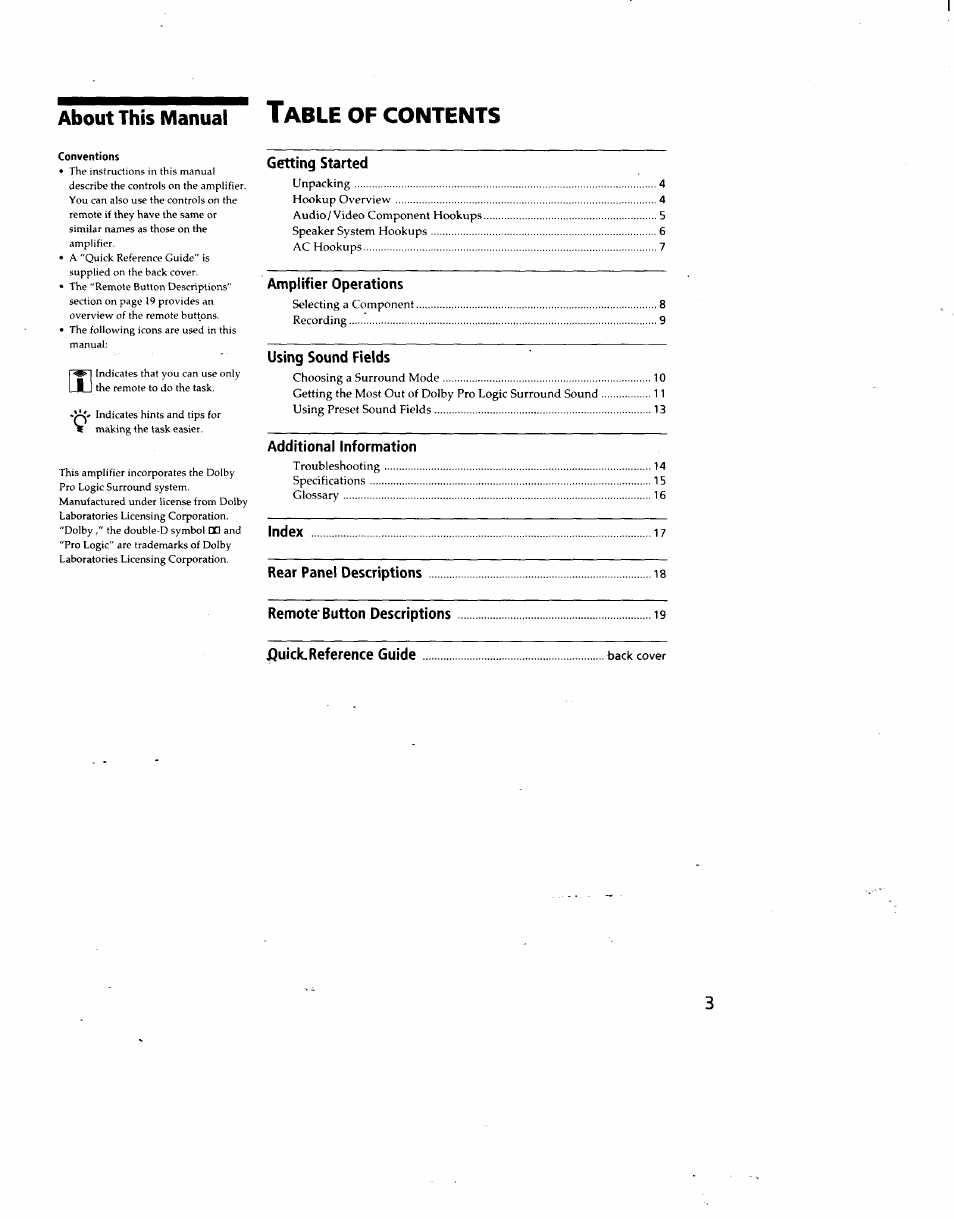 About this manual table of contents, About this manual t, Of contents | Able, Getting started, Amplifier operations, Using sound fields, Additional information, Index, I3uick.reference guide | Sony TA-AV571 User Manual | Page 3 / 20