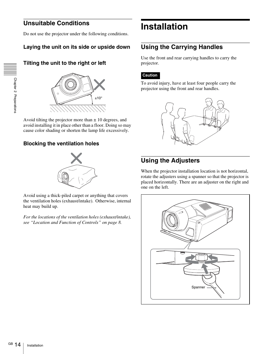 Installation, Unsuitable conditions, Using the carrying handles | Using the adjusters | Sony SRX- R110 User Manual | Page 14 / 38