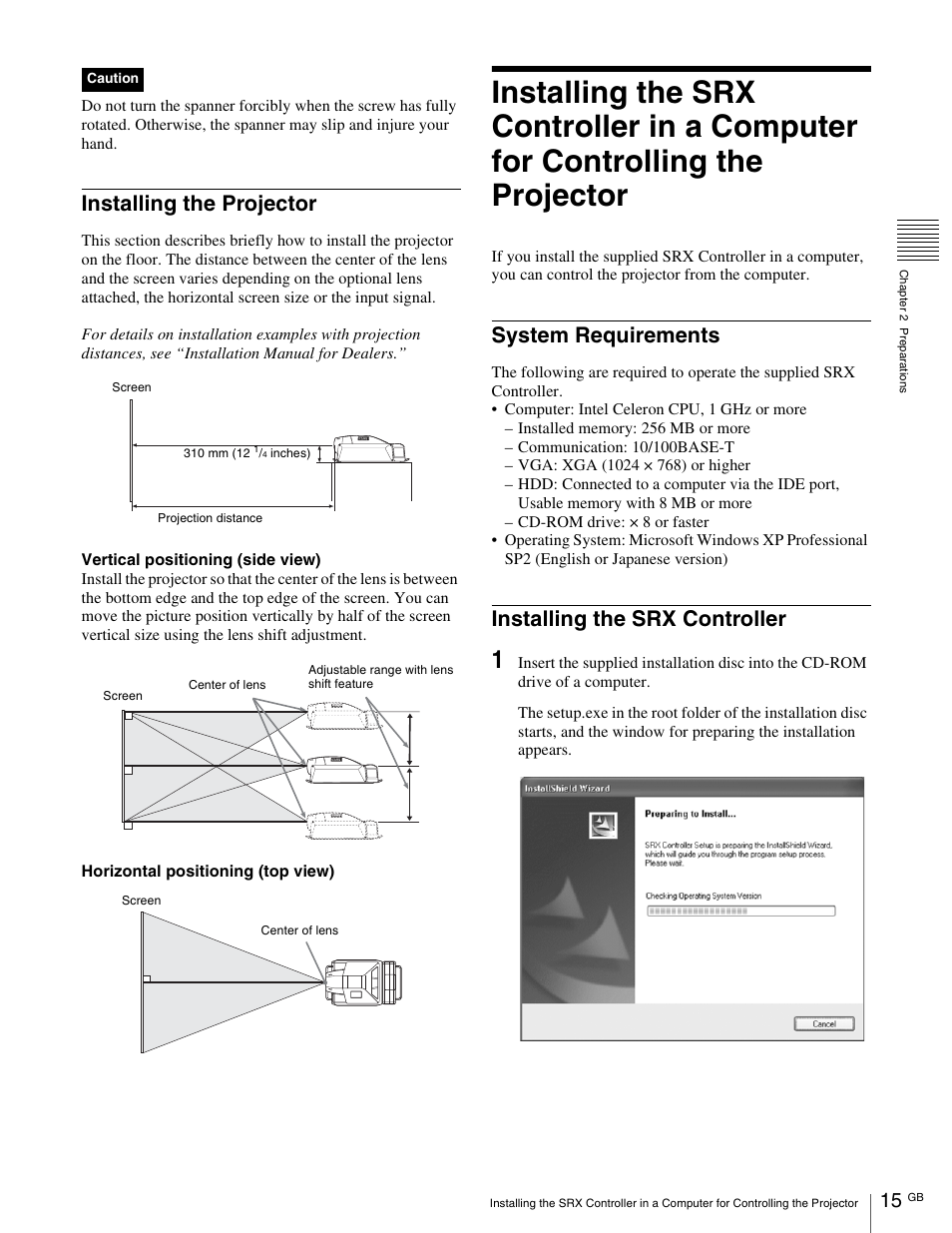 Installing the projector, System requirements, Installing the srx controller | Sony SRX- R110 User Manual | Page 15 / 38