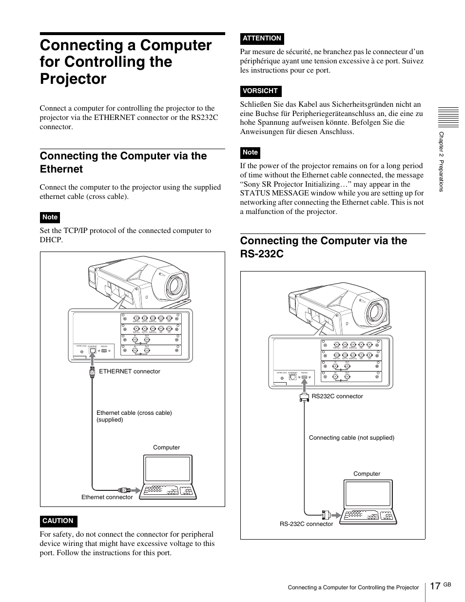 Connecting the computer via the ethernet, Connecting the computer via the rs-232c | Sony SRX- R110 User Manual | Page 17 / 38