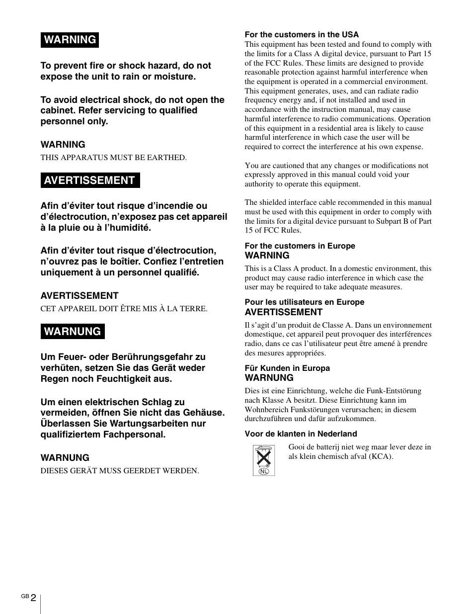 Warning avertissement warnung | Sony SRX- R110 User Manual | Page 2 / 38