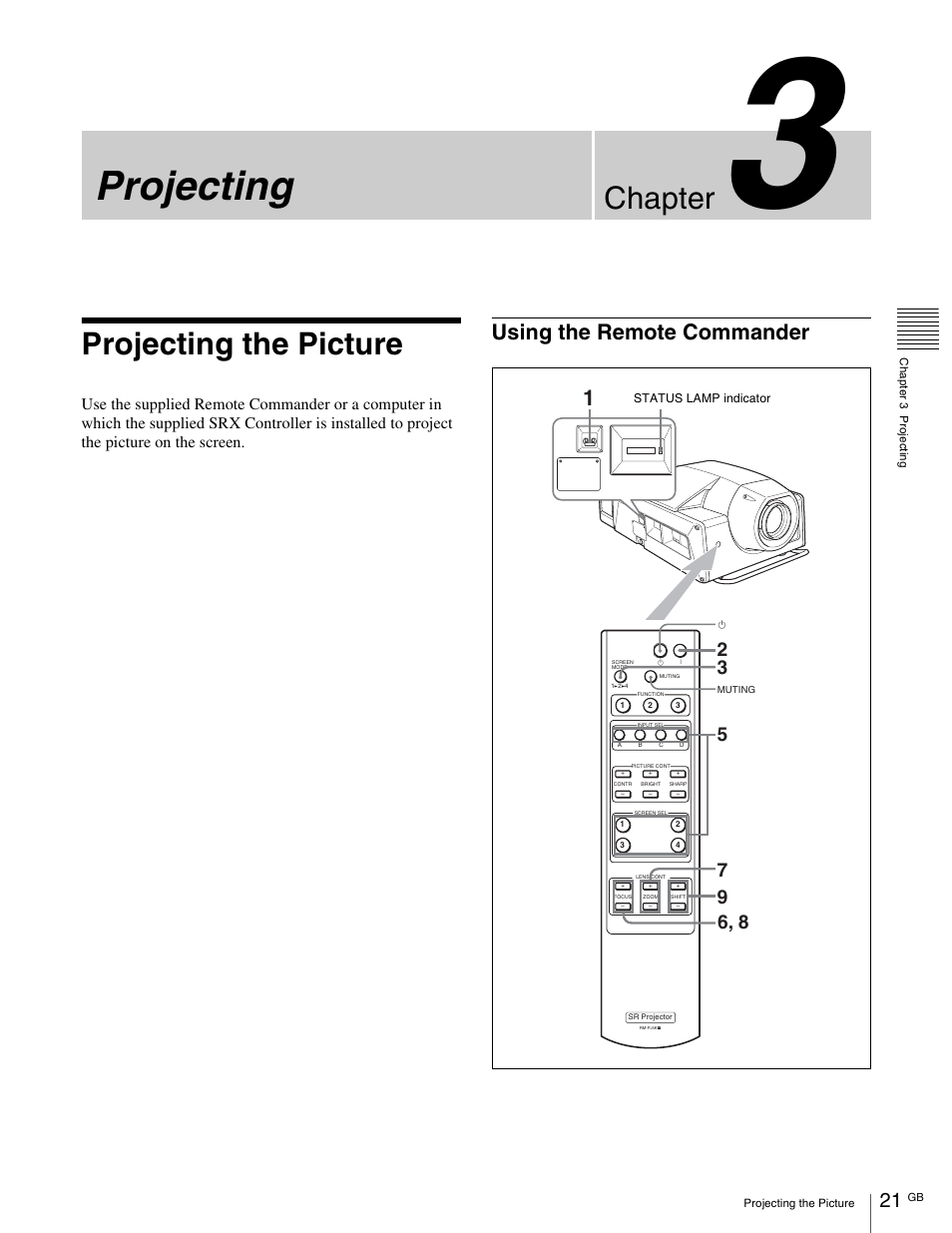 Projecting, Chapter, Projecting the picture | Using the remote commander | Sony SRX- R110 User Manual | Page 21 / 38