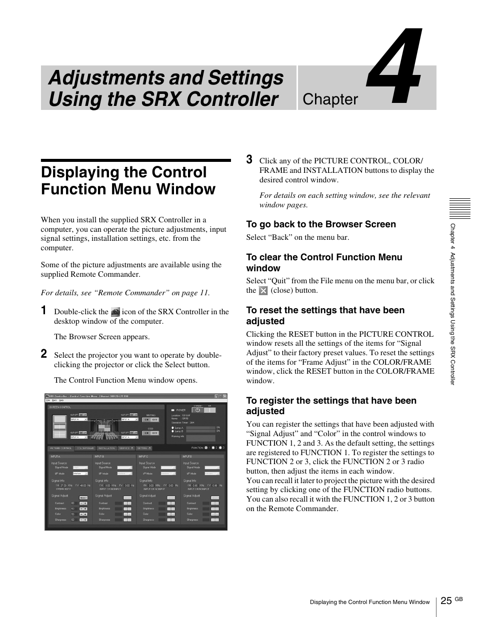 Adjustments and settings using the srx controller, Chapter, Displaying the control function menu window | Sony SRX- R110 User Manual | Page 25 / 38