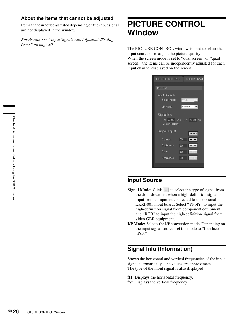 Picture control window, Input source, Signal info (information) | Sony SRX- R110 User Manual | Page 26 / 38