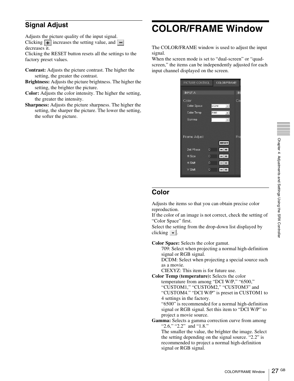 Color/frame window, Signal adjust, Color | Sony SRX- R110 User Manual | Page 27 / 38