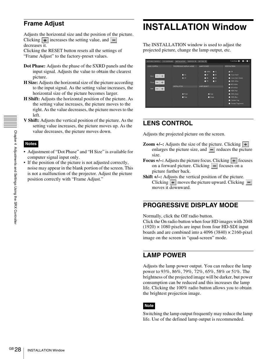 Installation window, Frame adjust, Lens control | Progressive display mode, Lamp power | Sony SRX- R110 User Manual | Page 28 / 38