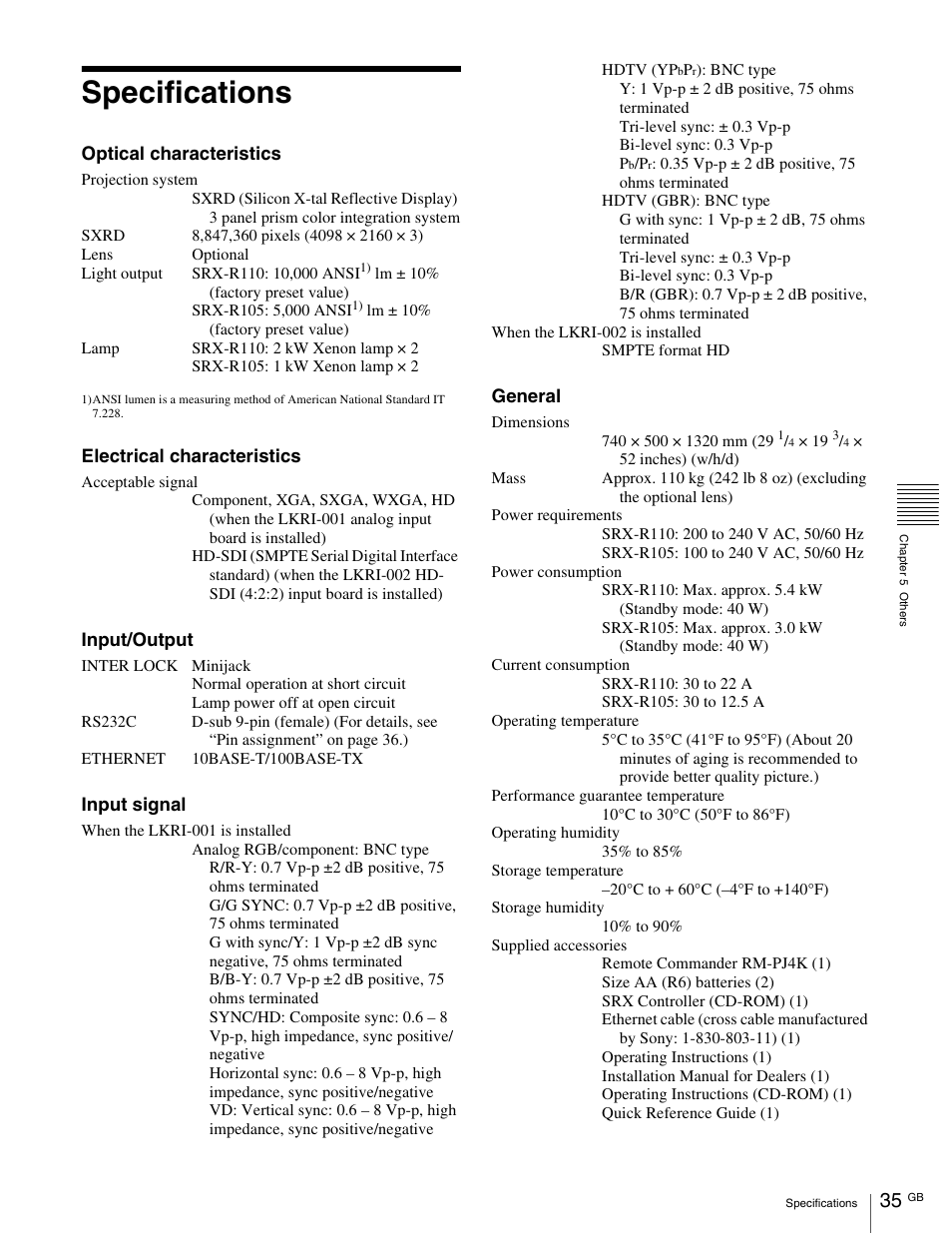 Specifications | Sony SRX- R110 User Manual | Page 35 / 38