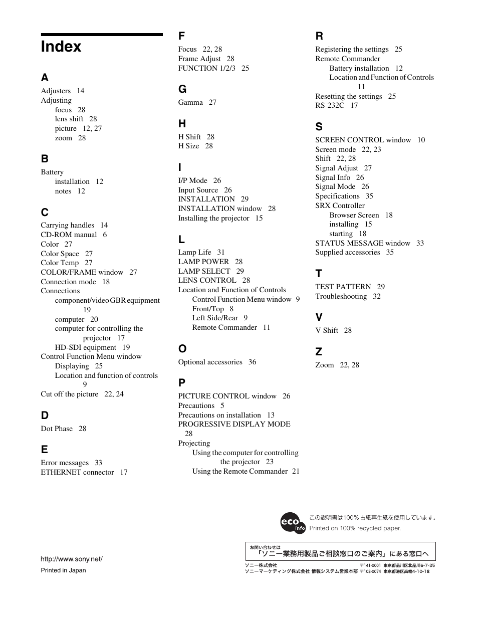 Index | Sony SRX- R110 User Manual | Page 38 / 38