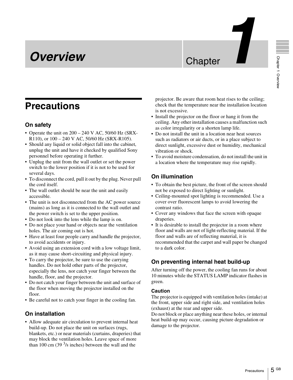 Overview, Chapter, Precautions | Sony SRX- R110 User Manual | Page 5 / 38