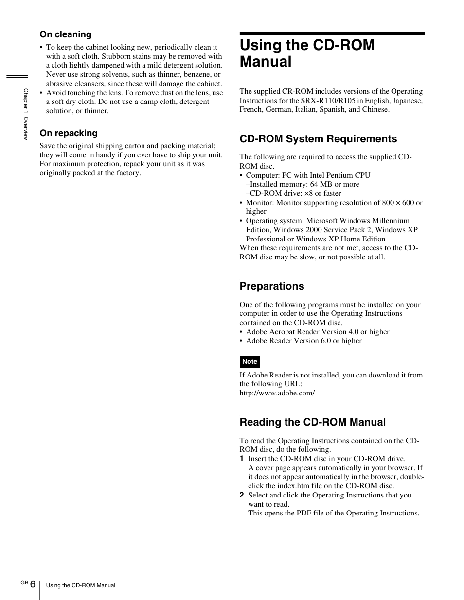 Using the cd-rom manual, Cd-rom system requirements, Preparations | Reading the cd-rom manual | Sony SRX- R110 User Manual | Page 6 / 38