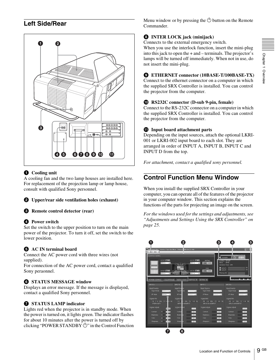 Left side/rear, Control function menu window | Sony SRX- R110 User Manual | Page 9 / 38