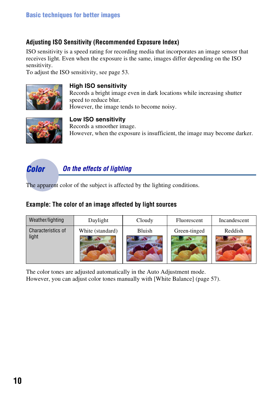 Color, On the effects of lighting | Sony Cyber-shot 3-294-896-12(1) User Manual | Page 10 / 138