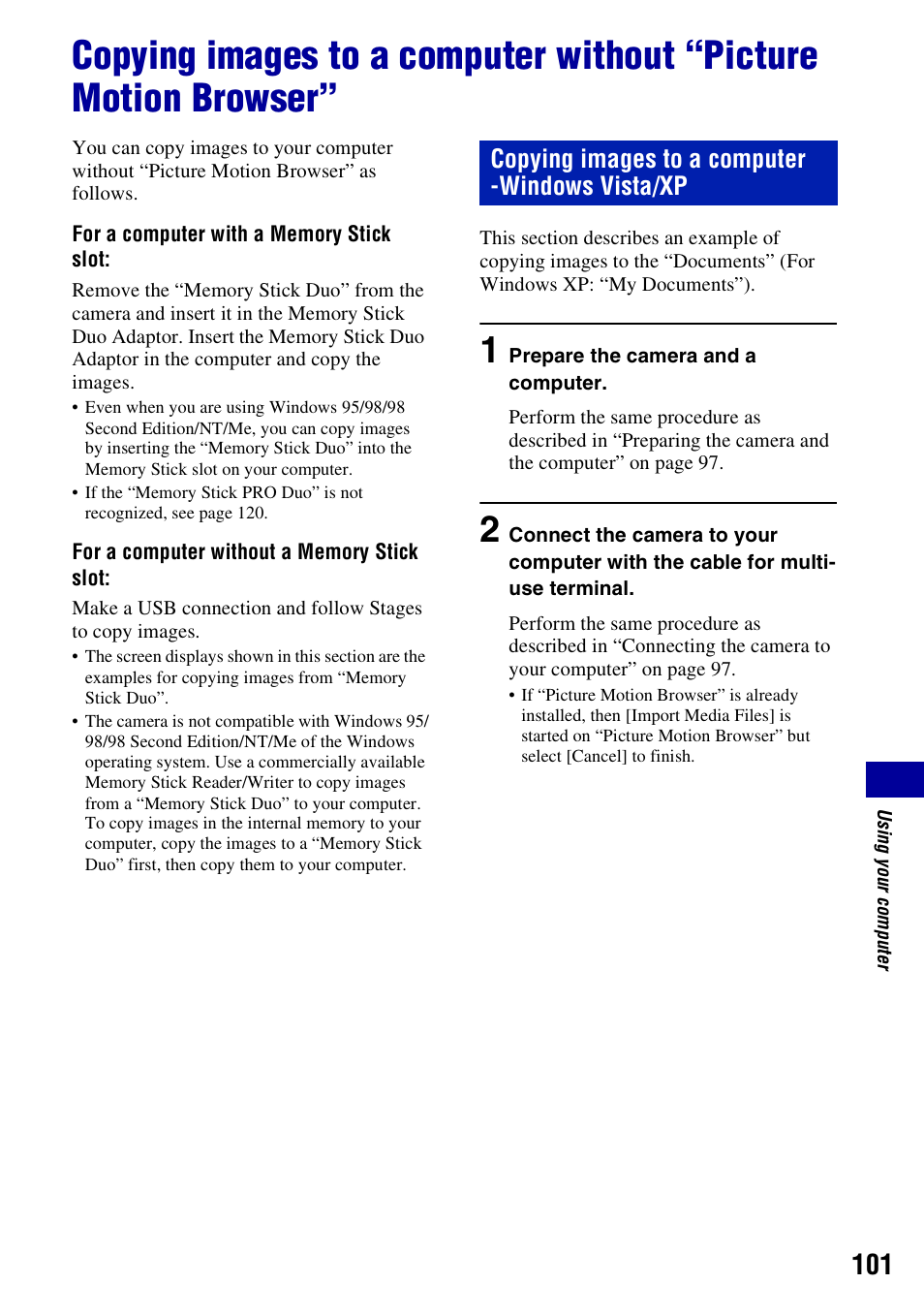 Copying images to a computer -windows vista/xp | Sony Cyber-shot 3-294-896-12(1) User Manual | Page 101 / 138