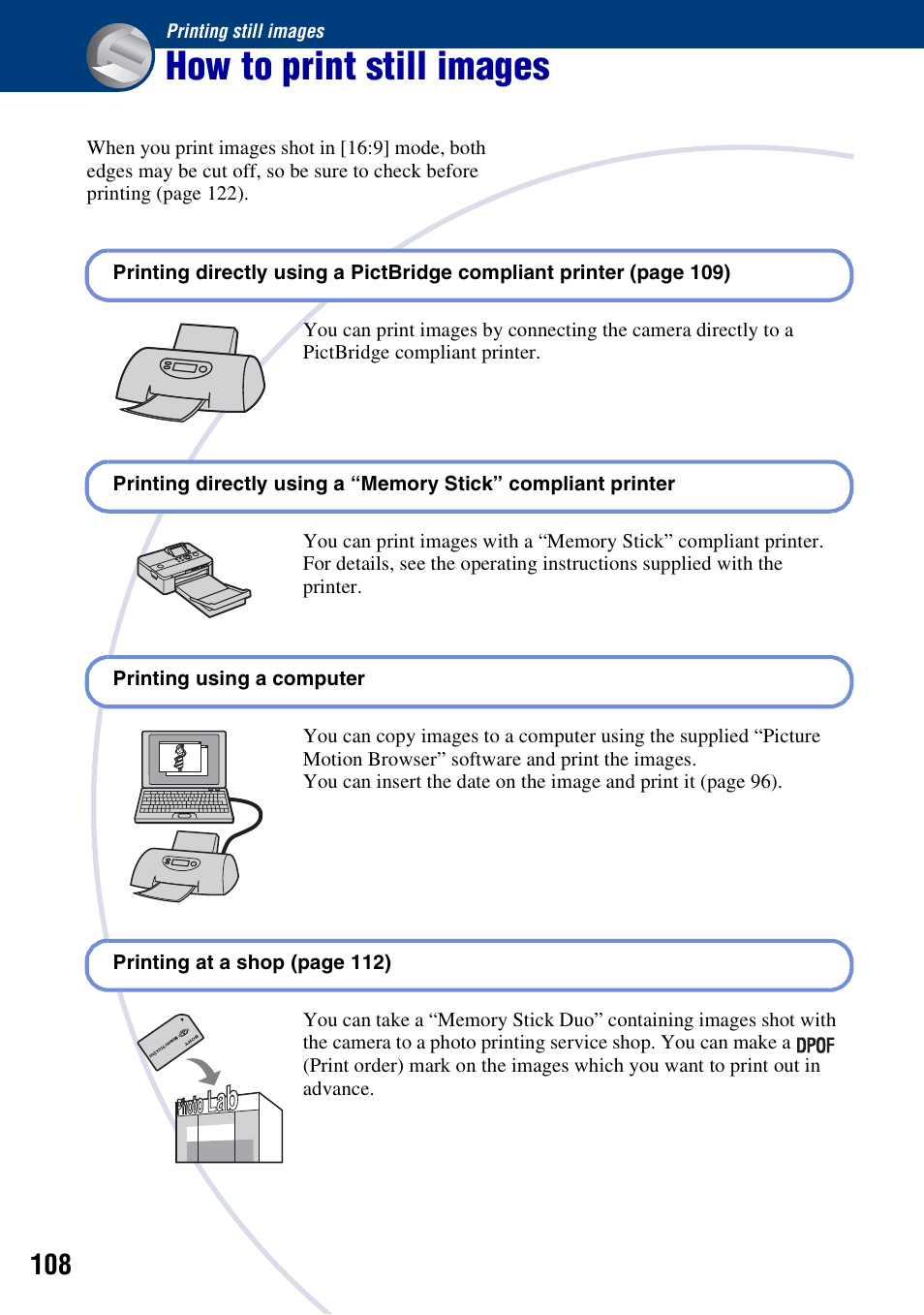 Printing still images, How to print still images | Sony Cyber-shot 3-294-896-12(1) User Manual | Page 108 / 138