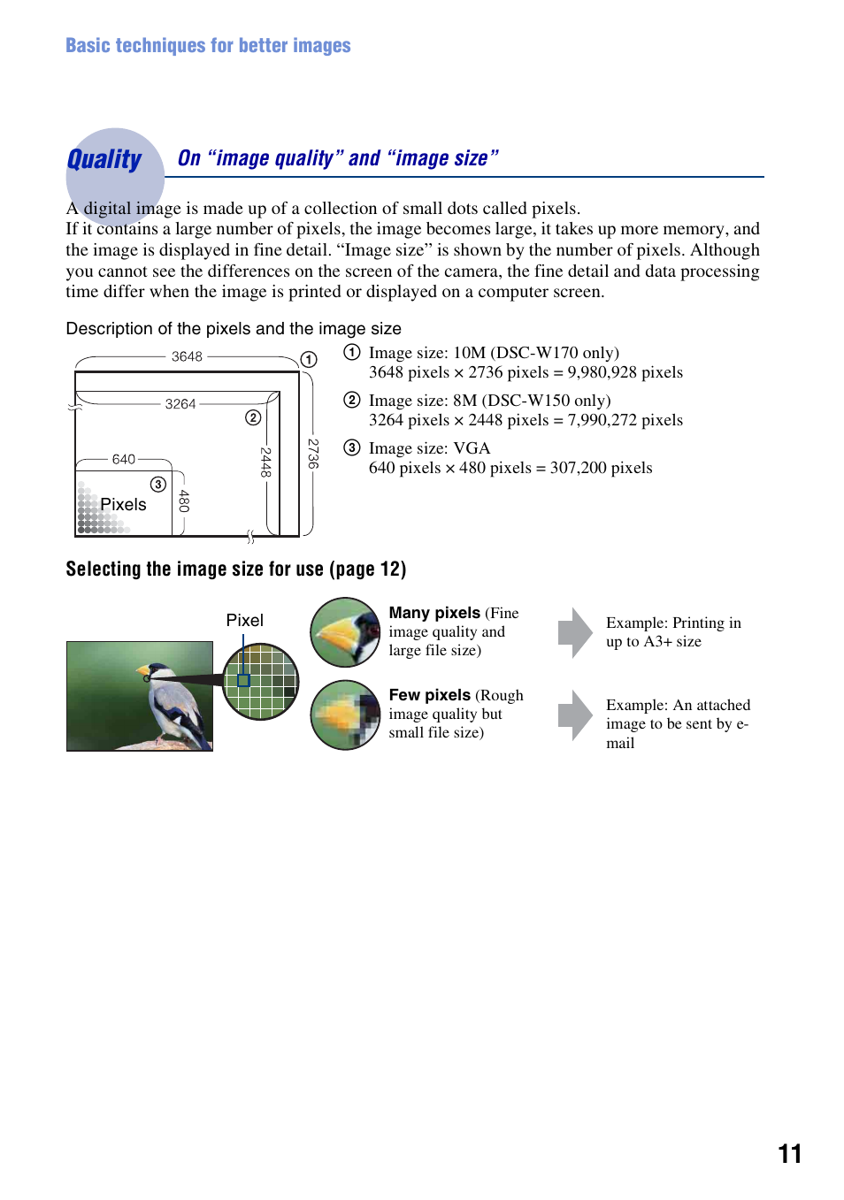 Quality, Quality – on “image quality” and “image size | Sony Cyber-shot 3-294-896-12(1) User Manual | Page 11 / 138