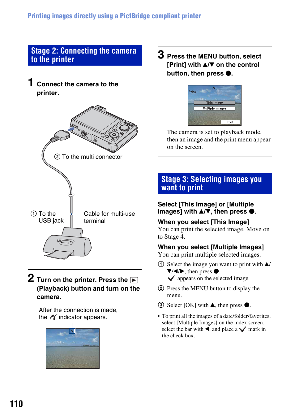 Stage 2: connecting the camera to the printer, Stage 3: selecting images you want to print | Sony Cyber-shot 3-294-896-12(1) User Manual | Page 110 / 138