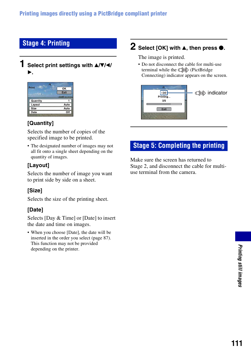 Stage 4: printing stage 5: completing the printing | Sony Cyber-shot 3-294-896-12(1) User Manual | Page 111 / 138