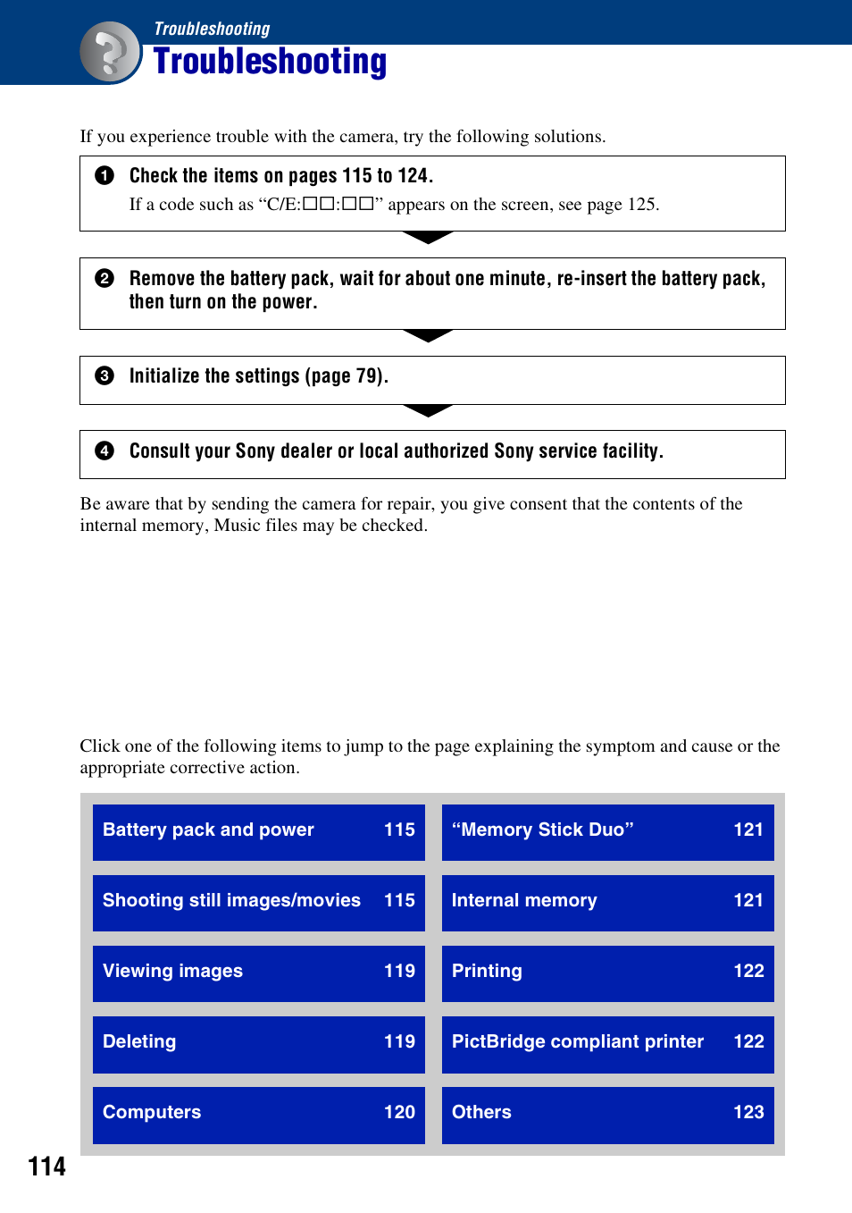 Troubleshooting | Sony Cyber-shot 3-294-896-12(1) User Manual | Page 114 / 138