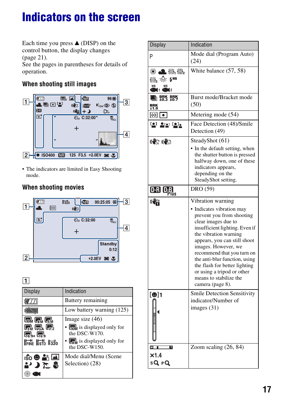 Indicators on the screen | Sony Cyber-shot 3-294-896-12(1) User Manual | Page 17 / 138