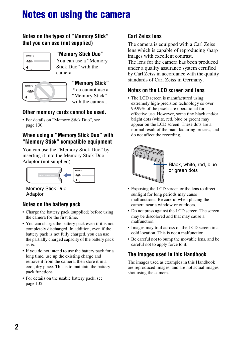 Notes on using the camera | Sony Cyber-shot 3-294-896-12(1) User Manual | Page 2 / 138