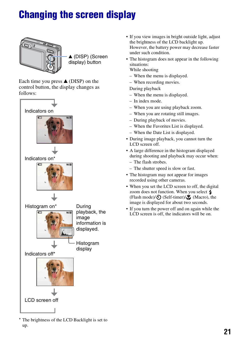 Changing the screen display | Sony Cyber-shot 3-294-896-12(1) User Manual | Page 21 / 138