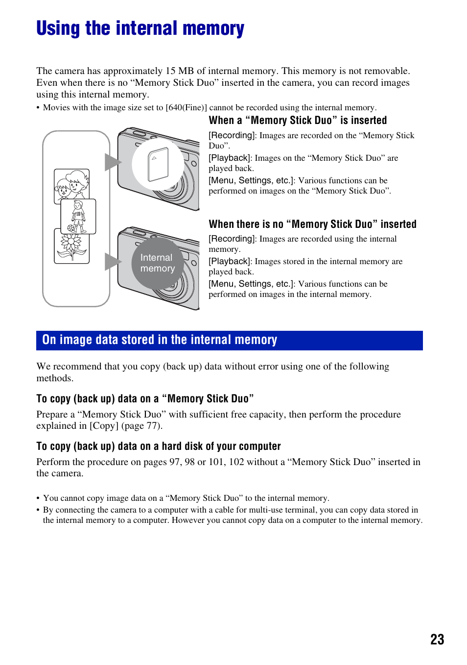 Using the internal memory | Sony Cyber-shot 3-294-896-12(1) User Manual | Page 23 / 138