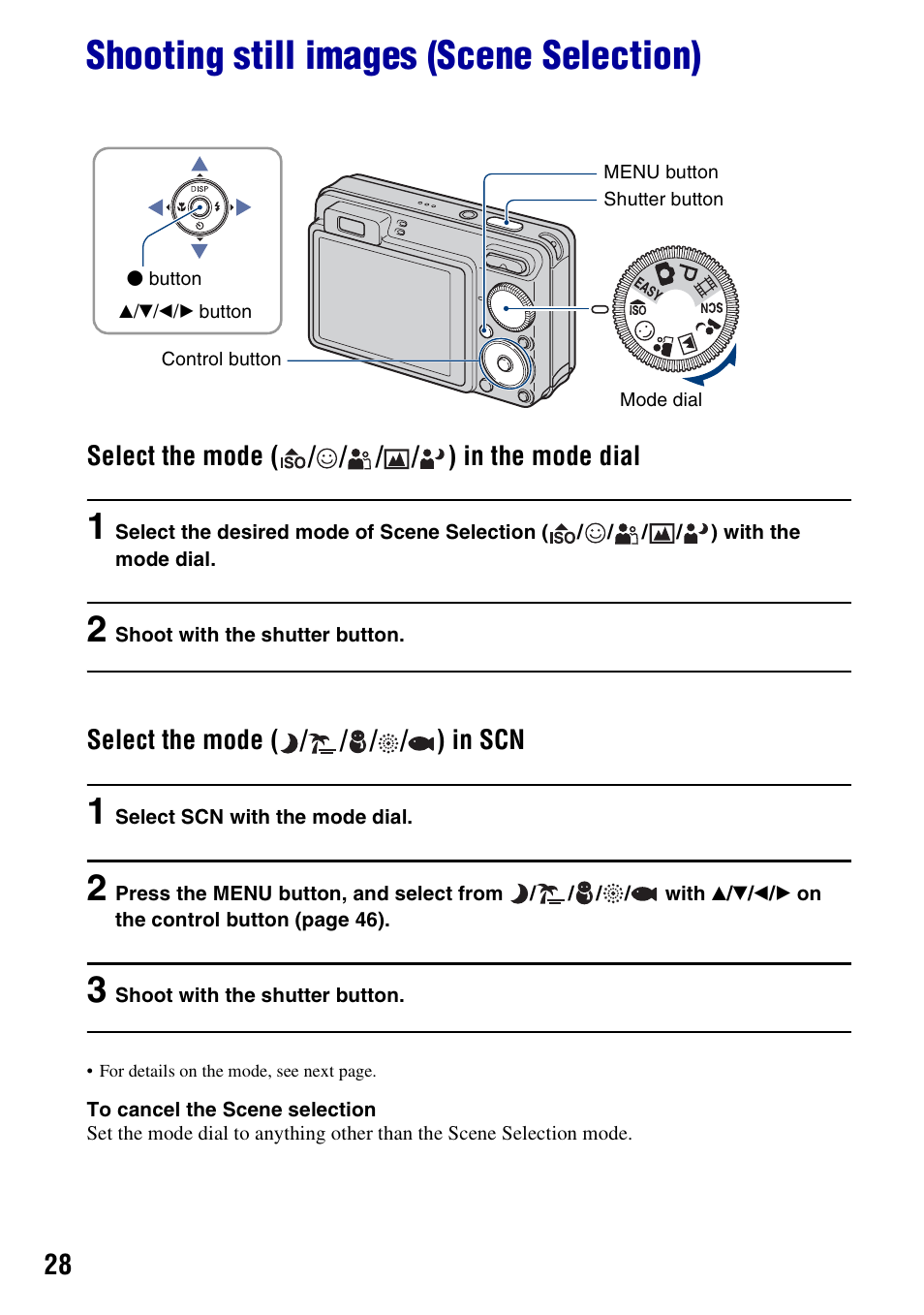 Shooting still images (scene selection) | Sony Cyber-shot 3-294-896-12(1) User Manual | Page 28 / 138