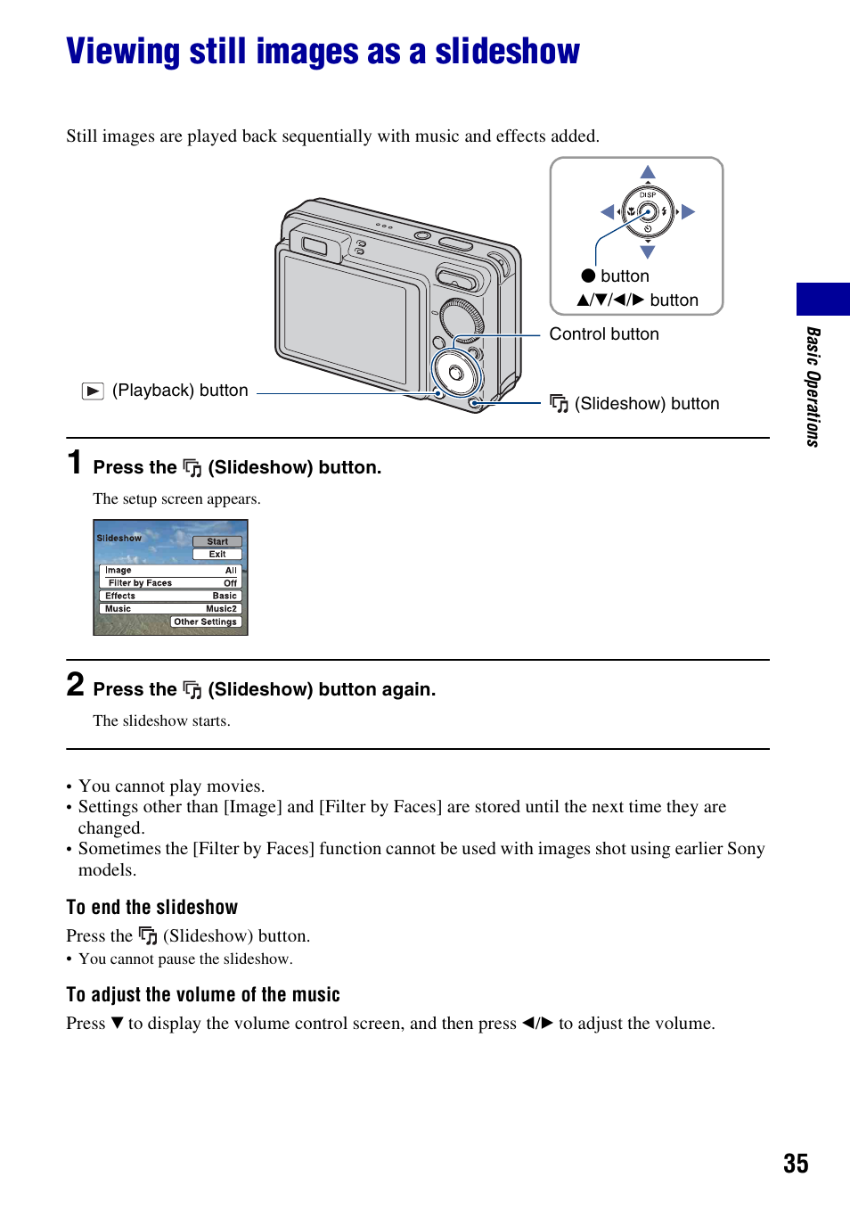 Viewing still images as a slideshow, On (35) | Sony Cyber-shot 3-294-896-12(1) User Manual | Page 35 / 138