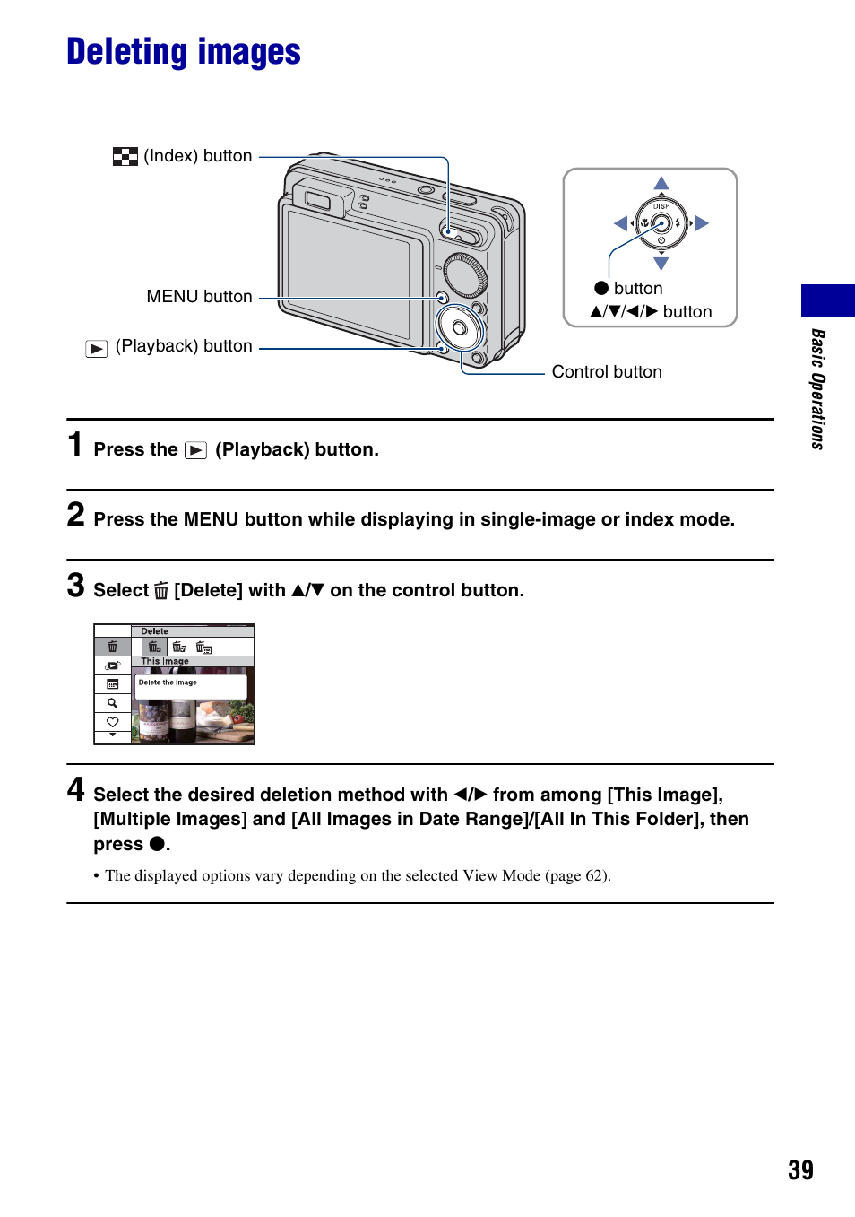 Deleting images | Sony Cyber-shot 3-294-896-12(1) User Manual | Page 39 / 138