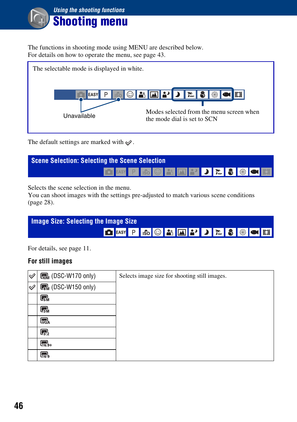 Using the shooting functions, Shooting menu, Scene selection: selecting the scene selection | Image size: selecting the image size | Sony Cyber-shot 3-294-896-12(1) User Manual | Page 46 / 138