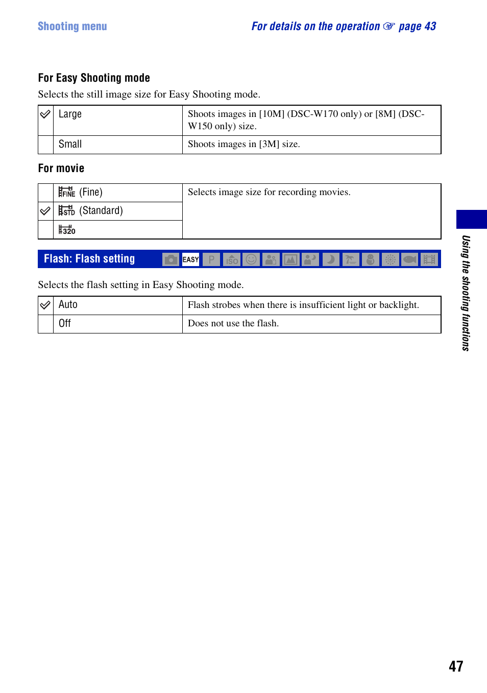 Flash: flash setting | Sony Cyber-shot 3-294-896-12(1) User Manual | Page 47 / 138