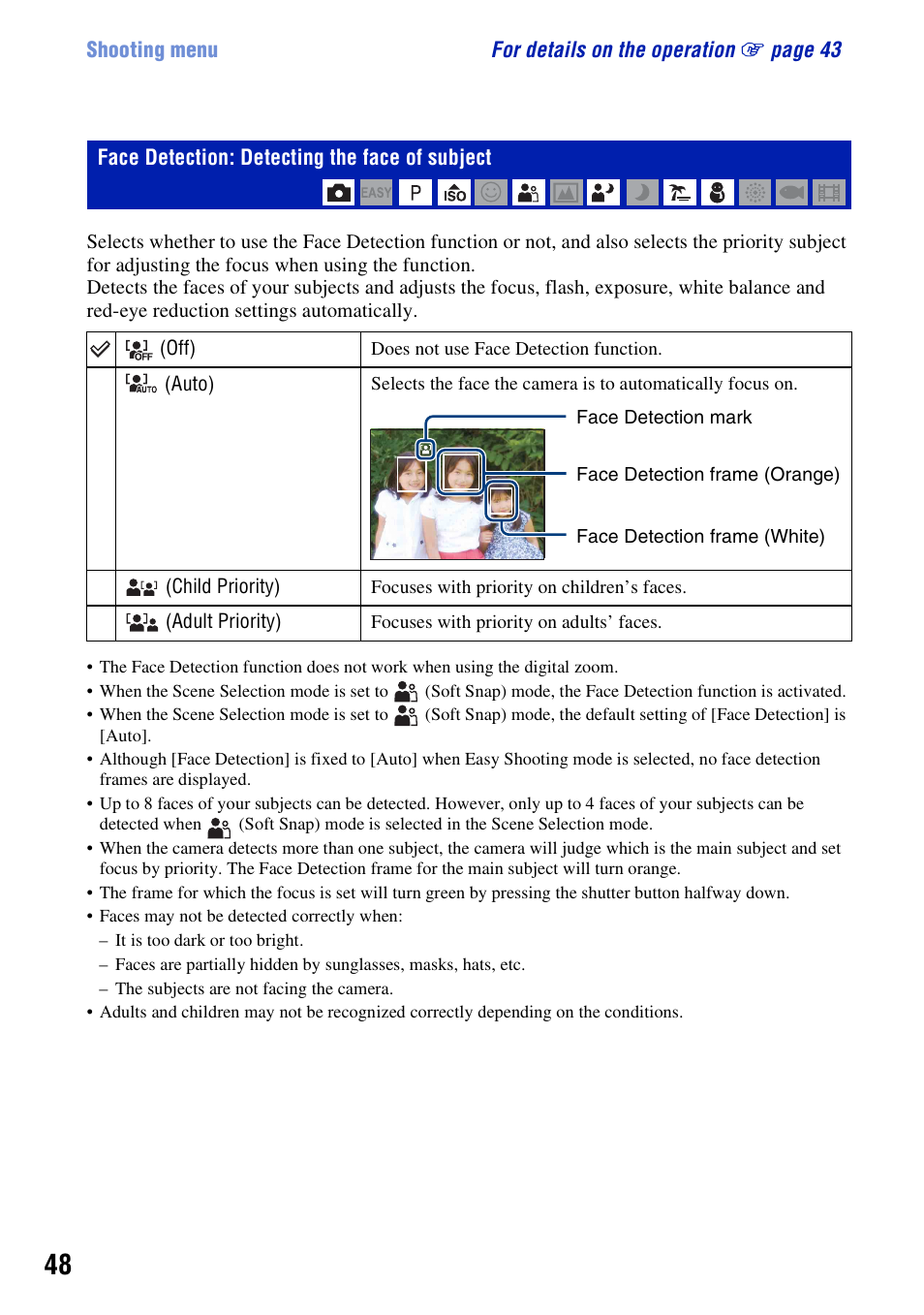 Face detection: detecting the face of subject, 48)/sm | Sony Cyber-shot 3-294-896-12(1) User Manual | Page 48 / 138