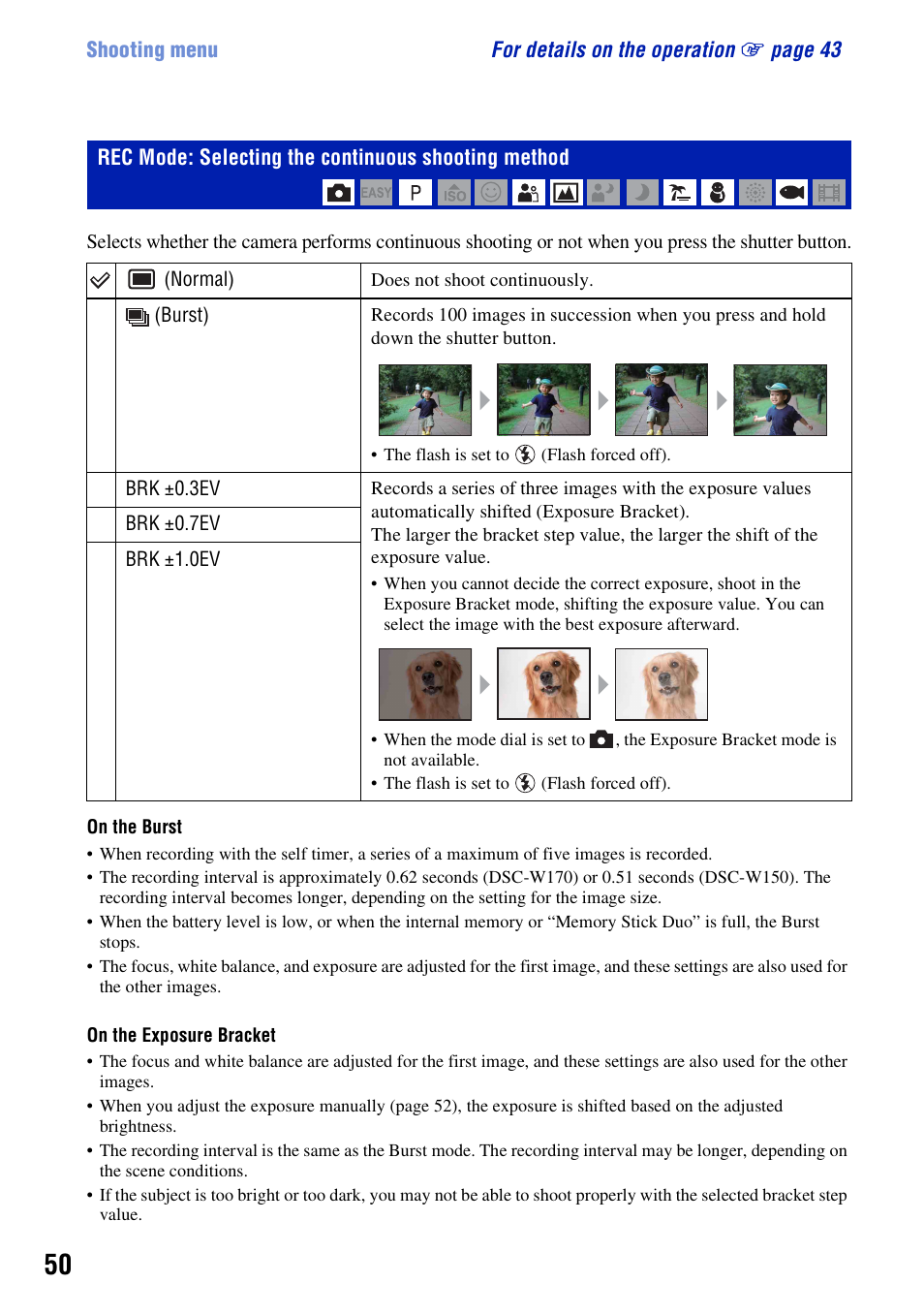 Rec mode: selecting the continuous shooting method | Sony Cyber-shot 3-294-896-12(1) User Manual | Page 50 / 138