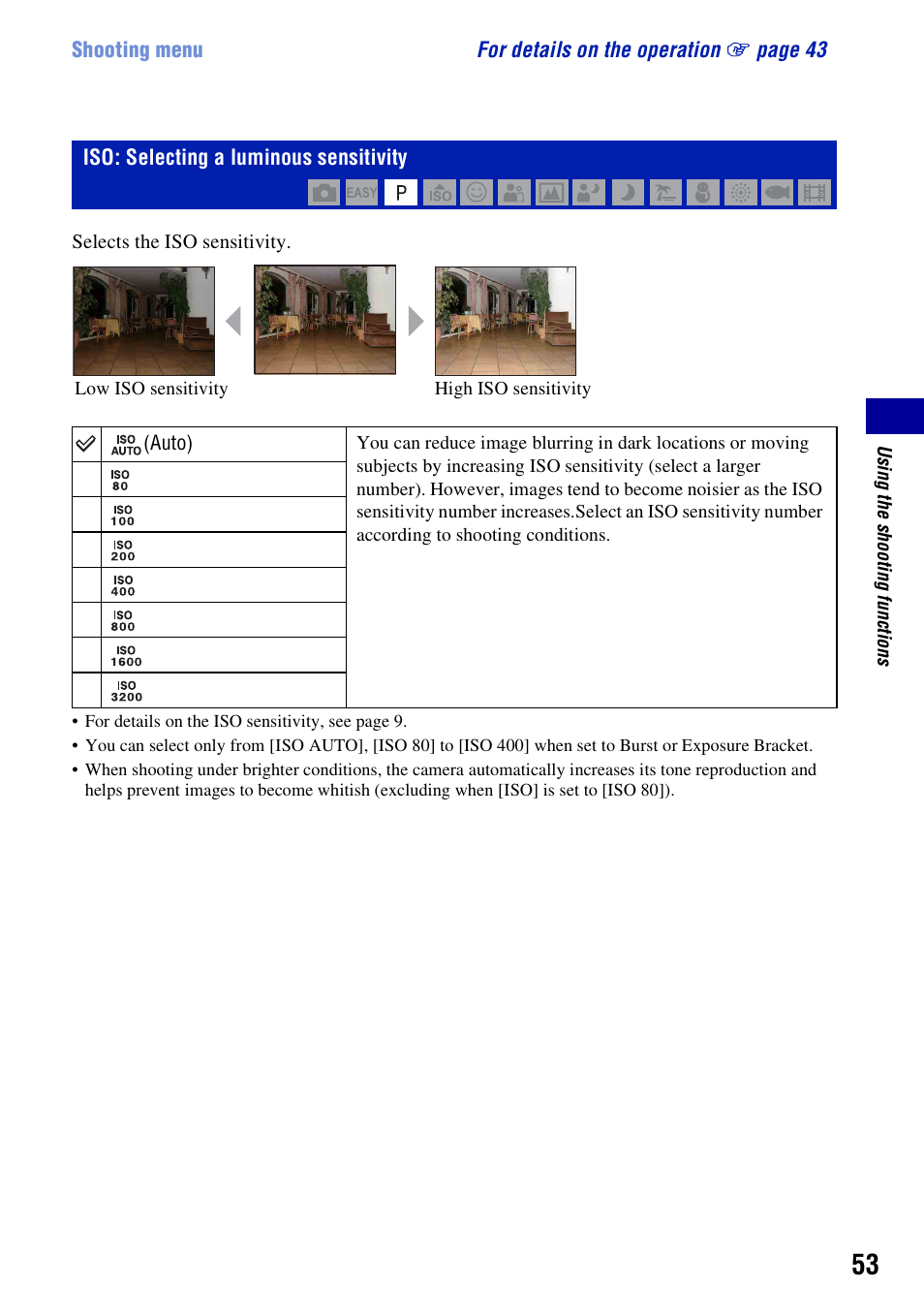 Iso: selecting a luminous sensitivity, Er (53) | Sony Cyber-shot 3-294-896-12(1) User Manual | Page 53 / 138