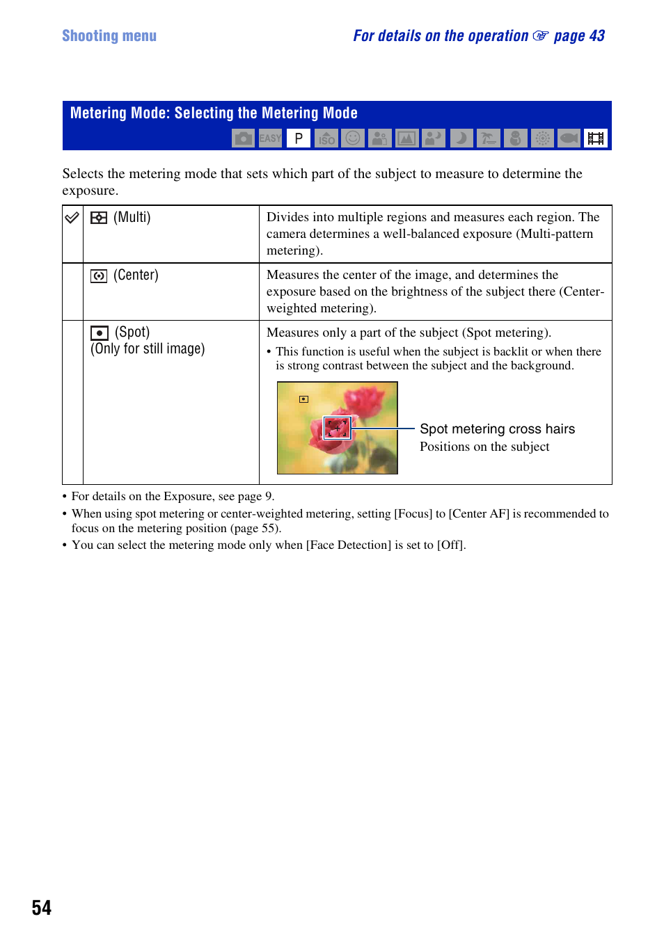 Metering mode: selecting the metering mode | Sony Cyber-shot 3-294-896-12(1) User Manual | Page 54 / 138