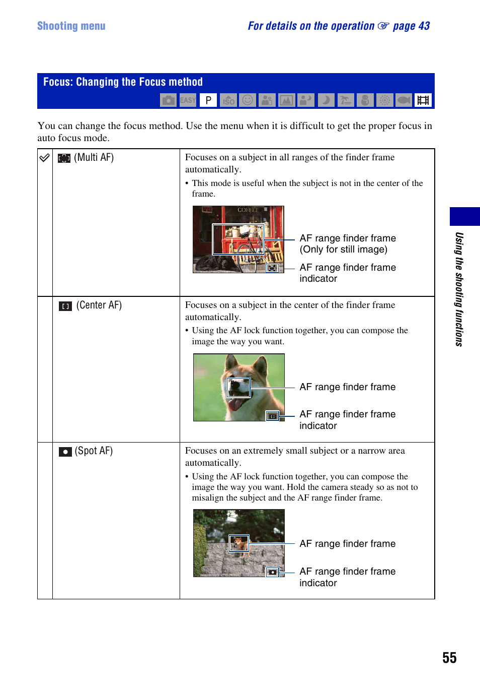 Focus: changing the focus method | Sony Cyber-shot 3-294-896-12(1) User Manual | Page 55 / 138