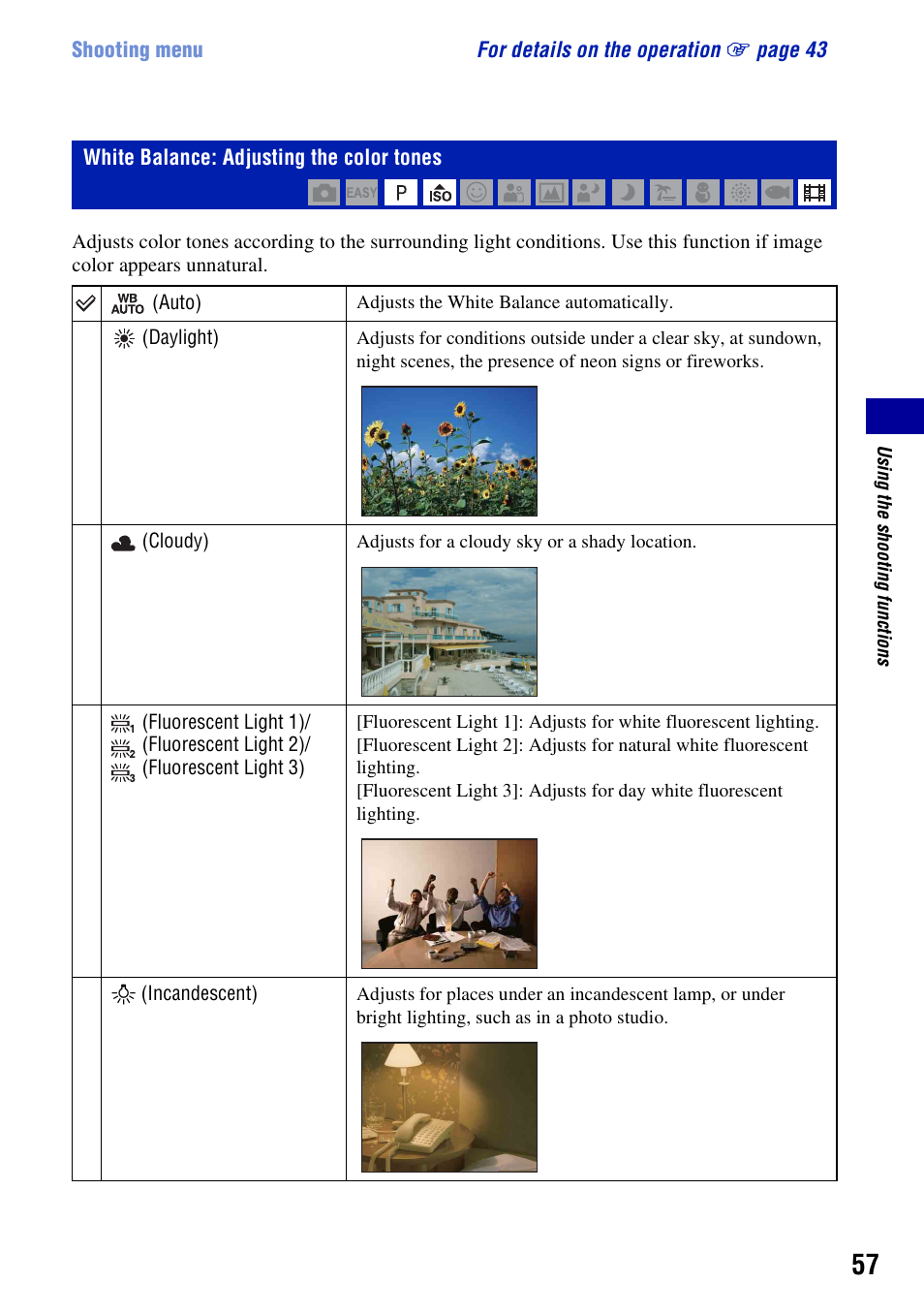 White balance: adjusting the color tones | Sony Cyber-shot 3-294-896-12(1) User Manual | Page 57 / 138