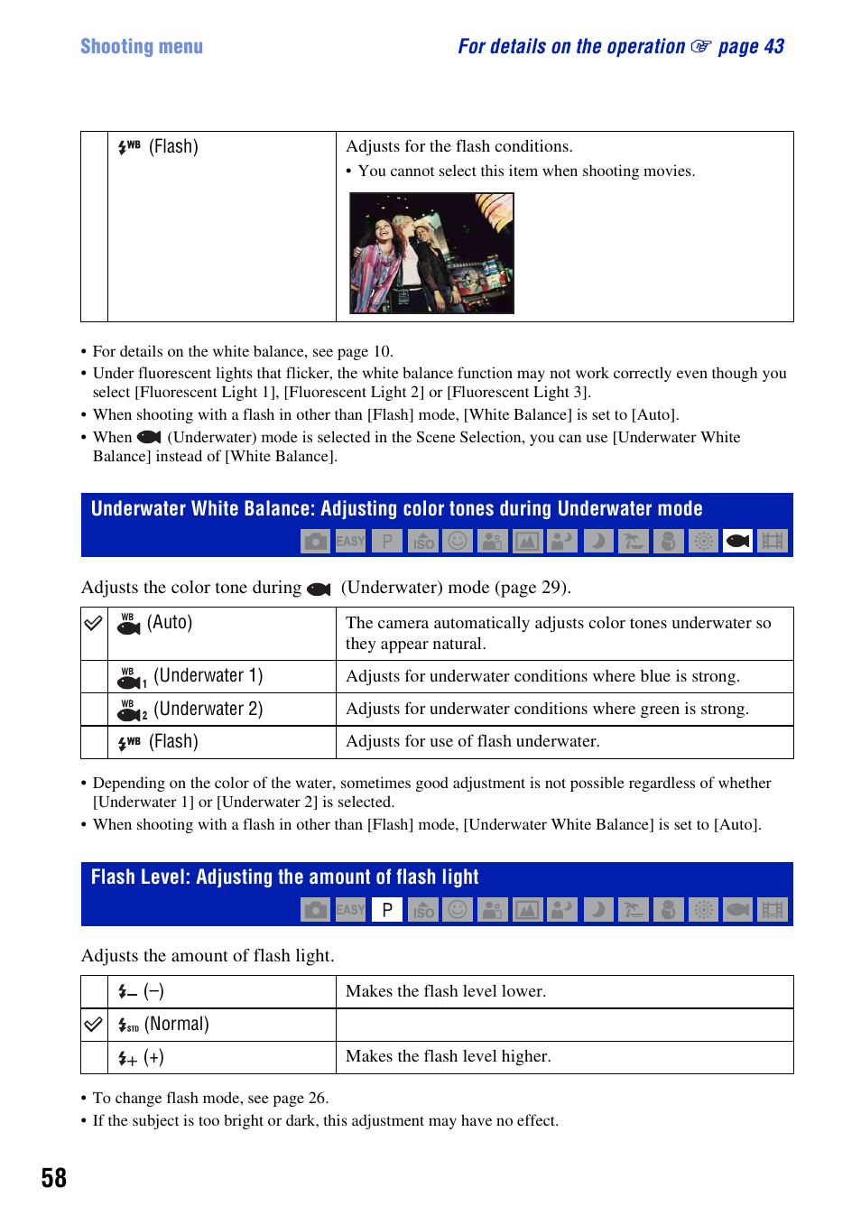 Flash level: adjusting the amount of flash light | Sony Cyber-shot 3-294-896-12(1) User Manual | Page 58 / 138