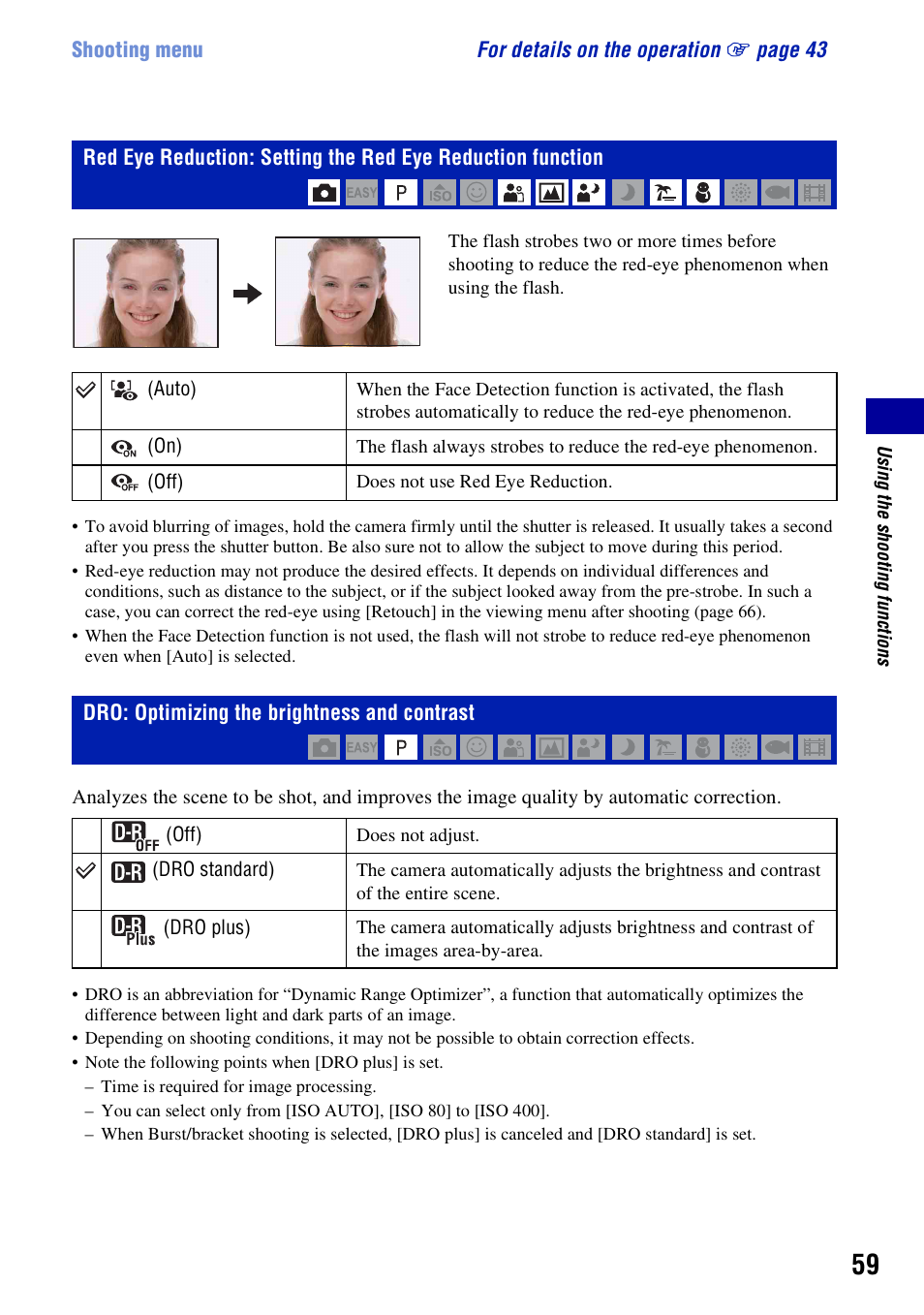 Dro: optimizing the brightness and contrast, O (59) | Sony Cyber-shot 3-294-896-12(1) User Manual | Page 59 / 138