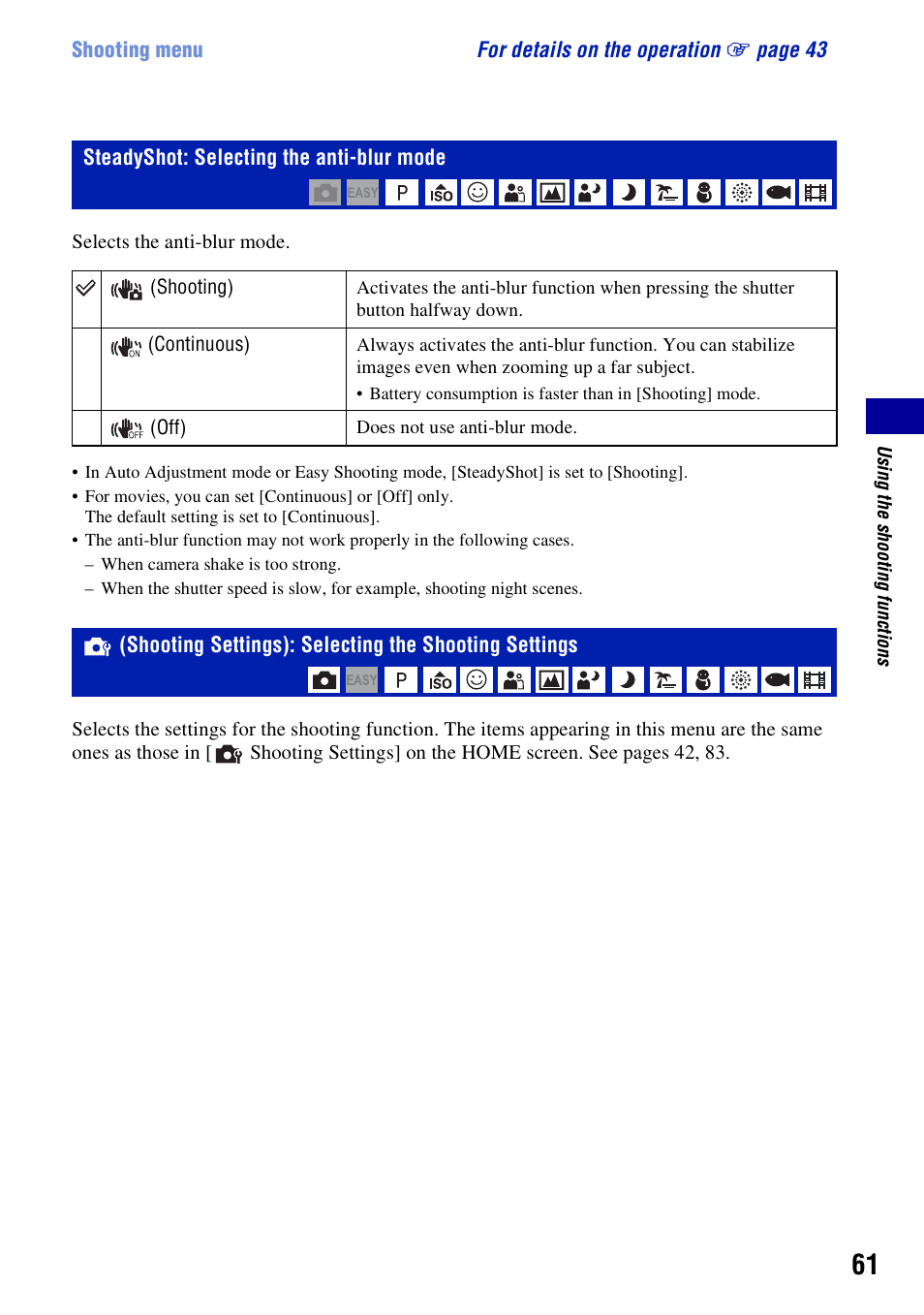 Steadyshot: selecting the anti-blur mode, Shooting settings: selecting the shooting settings | Sony Cyber-shot 3-294-896-12(1) User Manual | Page 61 / 138